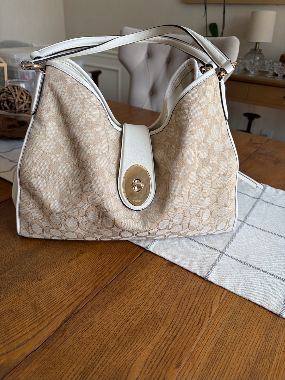 Coach Beige & White Signature Canvas Turnlock Shoulder Bag – Gold Hardware